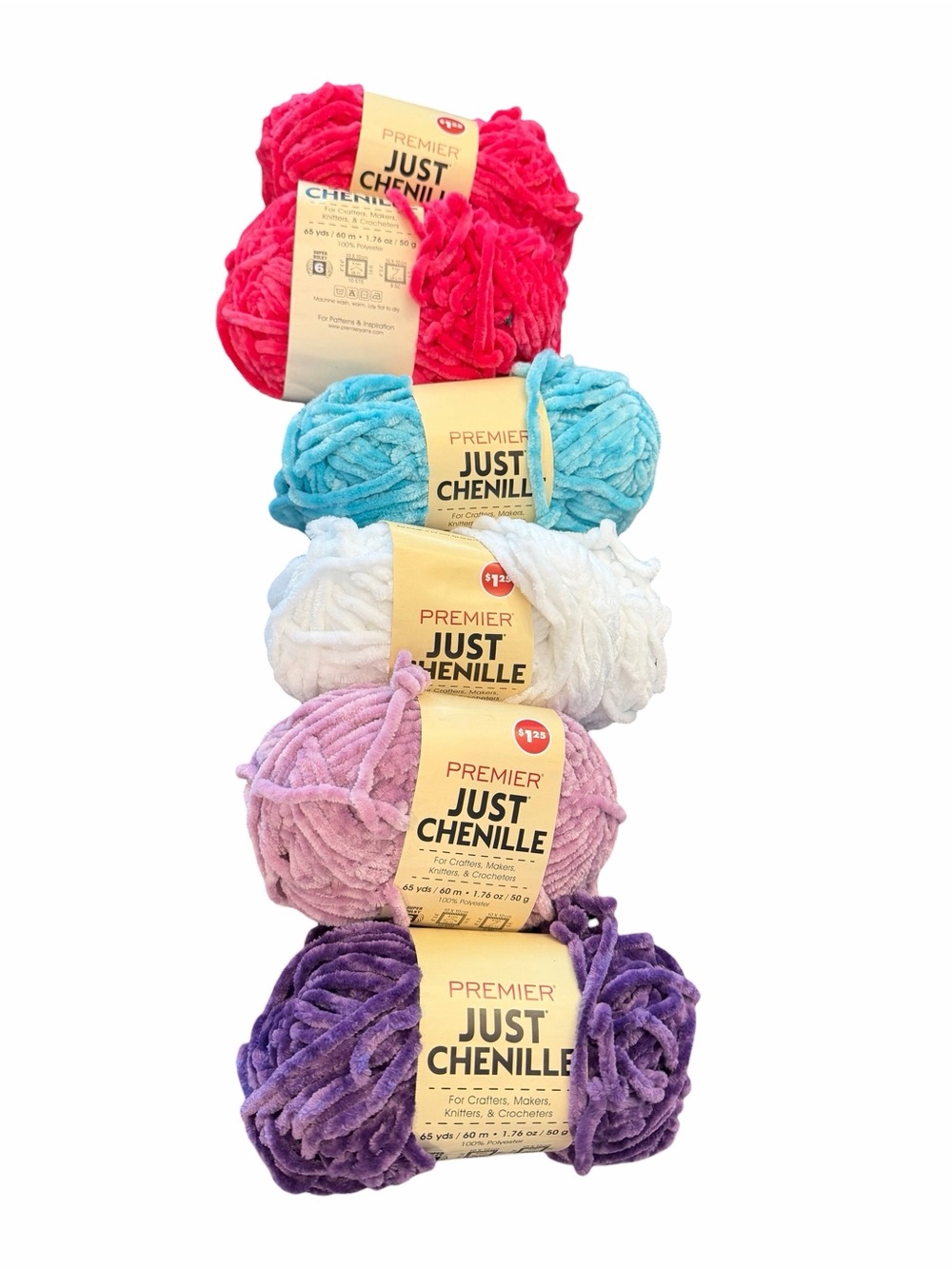 LOT OF 6 Premier Just Chenille Velvet Yarn 1.76 oz SUPER Bulky Assorted Colors